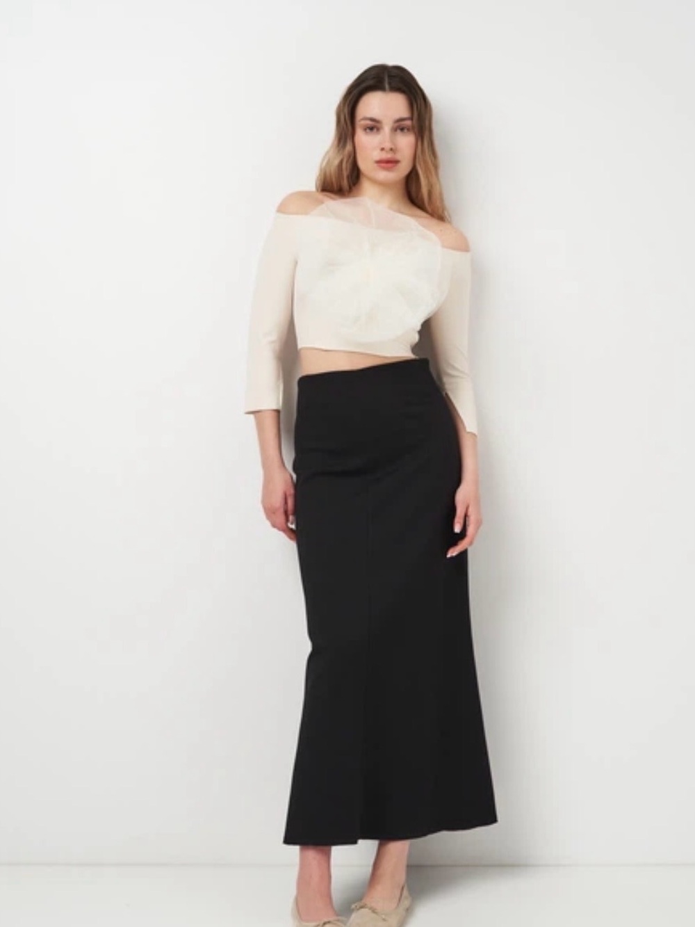 Zara Off-Shoulder Ivory Crop Top with Tulle Accent